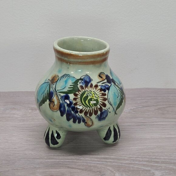 Tonala Mexican Pottery Round Footed Planter Blue Green Floral Signed CAT - Picture 1 of 8